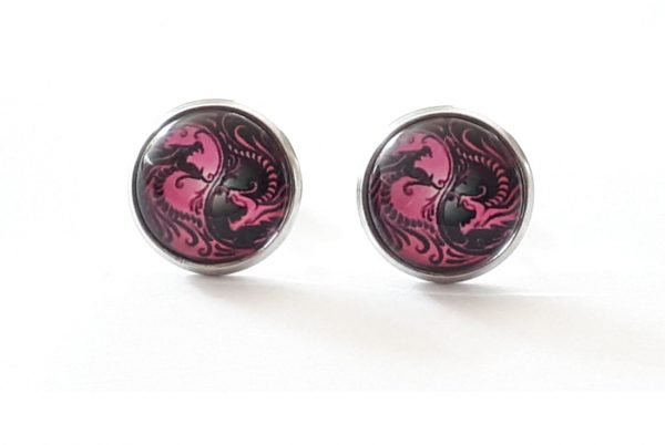 LJCE89 Pink Yin Yang Dragon Stud Earrings