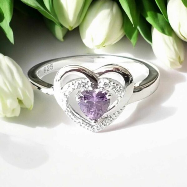 LJSSR87 Sterling Silver Purple Man Made Diamond Heart Ring