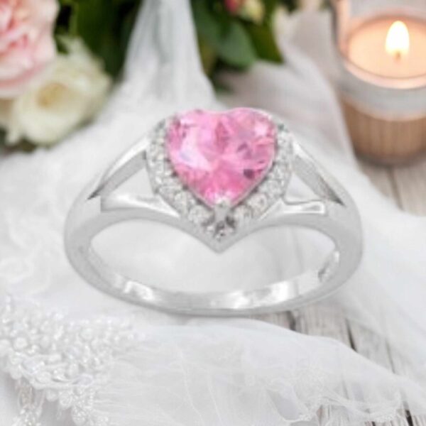 LJSSR67 Sterling Silver Heart Pink CZ Ring. Size 10.