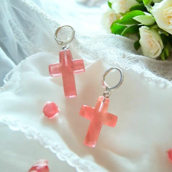 LJGE678 Rose Quartz Cross Earrings