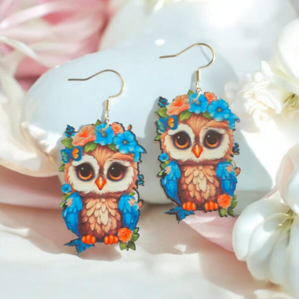 LJCE134 Blue Flower Owl Earrings